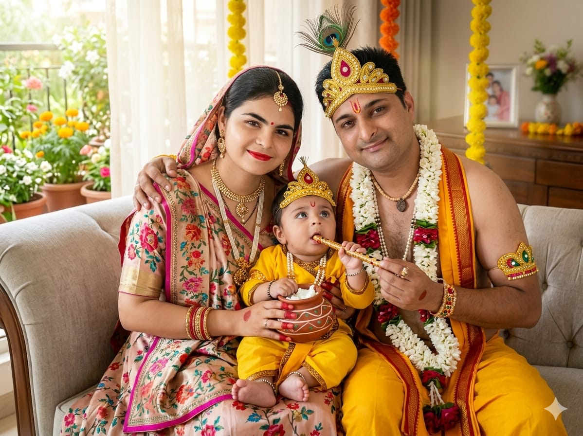Trust founders with child dressed as Lord Krishna during a spiritual family celebration